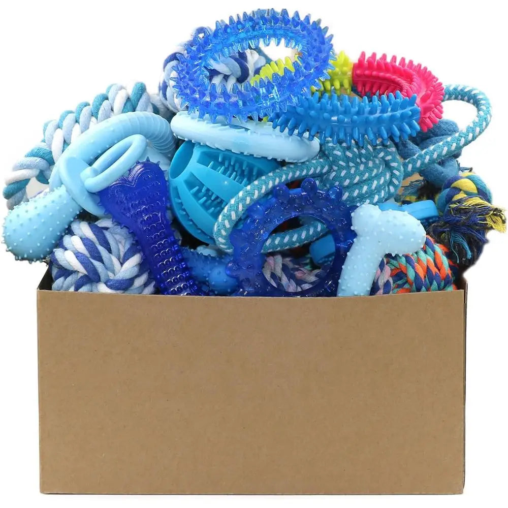 Cute 20 Pack Puppy Chew Toys - Blue Dog Teething Toys- Teething Rings/Ropes-Rubber Toy Bundle for Small Dogs-Dog Toys
