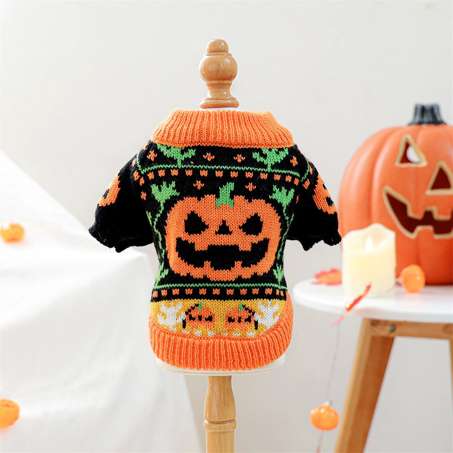 Halloween Pumpkin Ghost Costume for Dogs -Pet Winter Fall Clothes Pumpkin Knitted Sweater- Small Dog Outfit