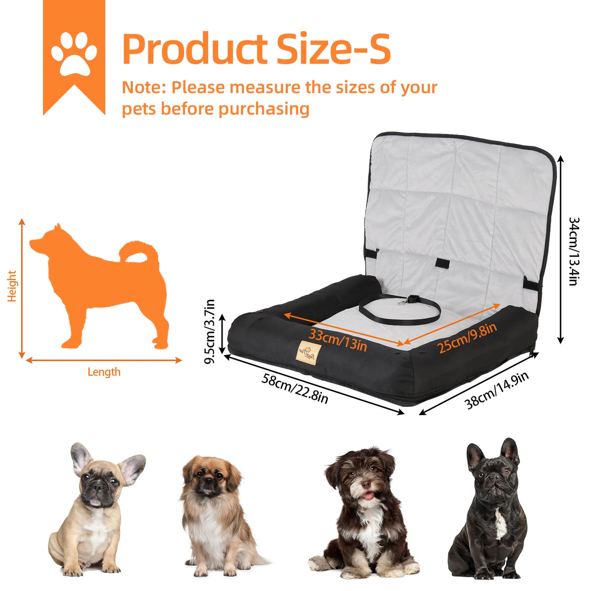 Dog Car Seat Bed-Waterproof Pet Cushion Bed - Dog Carrier with Removable Pad Cover/Safety Belt- Sizes