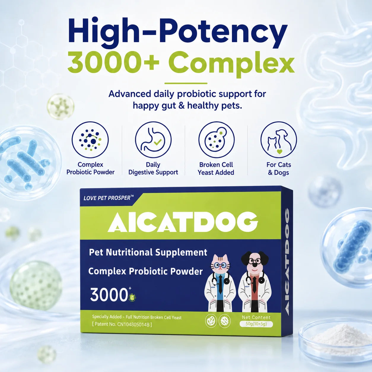 Probiotic Powder for Dogs & Cats- 3000+ Formula Digestive/ Gut Health Supplement- Daily Probiotics with Broken Cell Yeast- Stool/Immune- Support, 50g (10 x 5g)