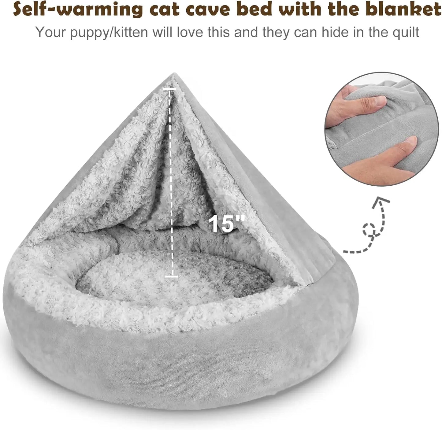 23-inch Cozy Dog Bed with Hooded Blanket- Anti-Anxiety Burrow Cave Bed for Small Dogs- Anti-Slip Bottom- Machine Washable-Beds & Blankets