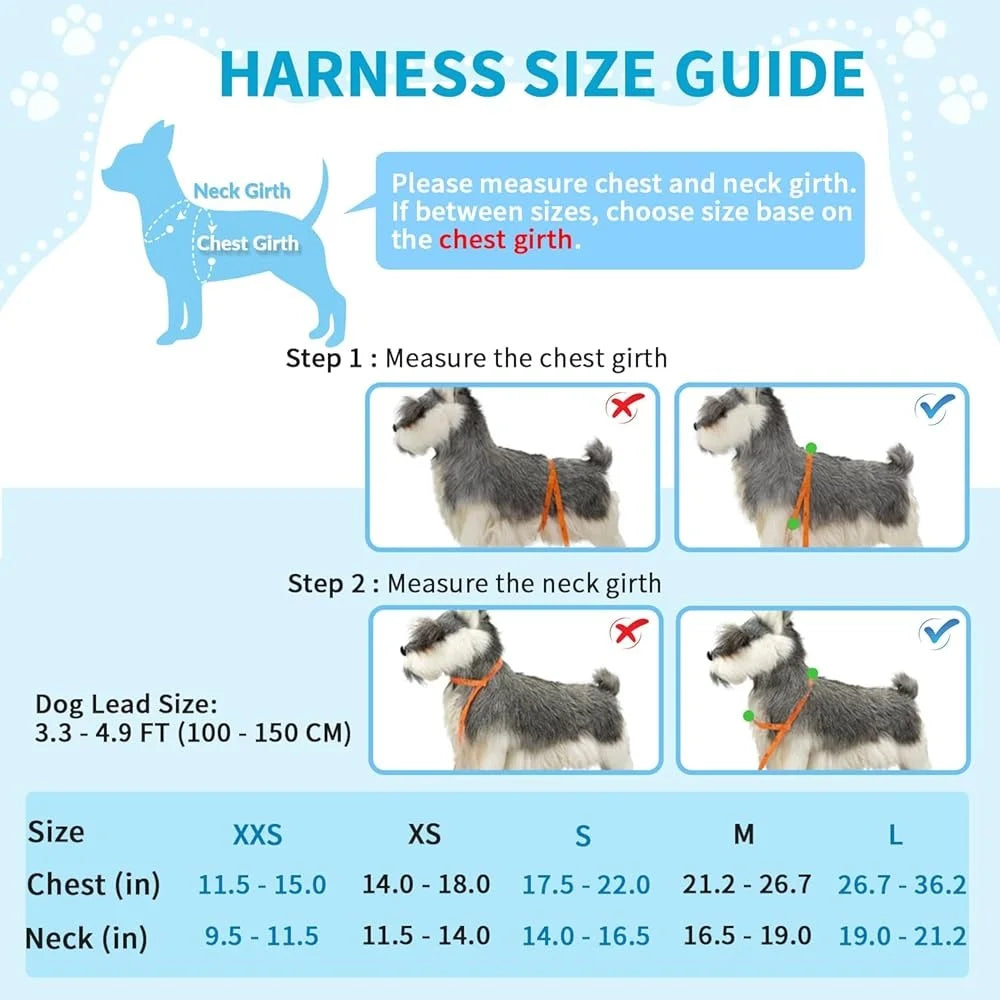 Soft Padded Dog Harness Leash Set -Adjustable Reflective Vest Small Dogs- Quick Fit Neck Chest Safe- Walking 4ft Leash