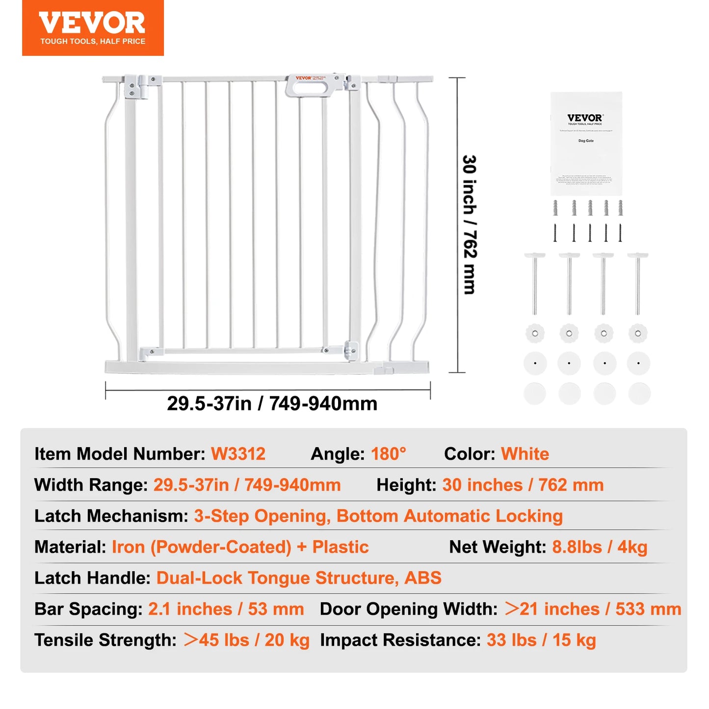 VEVOR Gate 28/30/36 Inches High -Dog Gate Easy Step- Walk Thru Child Pet Security- Pressure Mount Kit- Wall Cups Doorways-Pet Stairs
