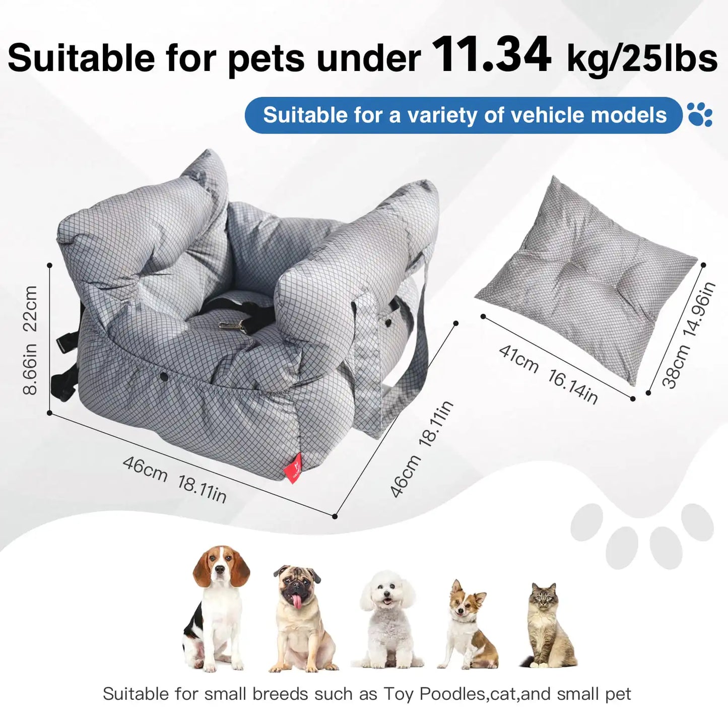 2-in-1 Dog Car Seat/ Carrier Bag - Detachable with Handles and Safety Belt- Travel Dog Booster Seat for Small Medium Dogs Cats