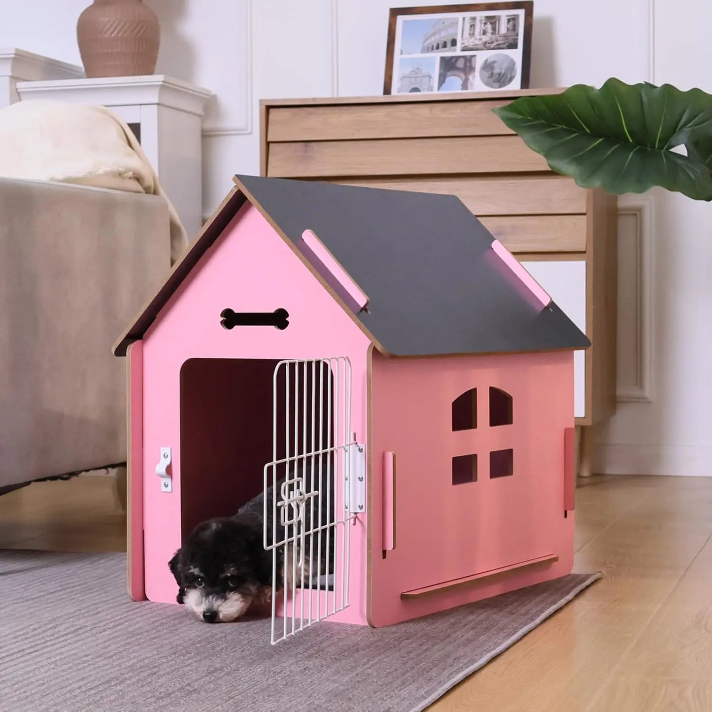 Cozy Wooden Pink Indoor Dog House Crate for Small Dogs with Air Vents and Elevated Floor-Crates