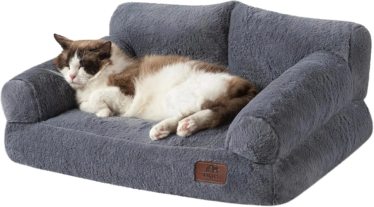 Fluffy Plush Pet Couch Bed- Soft Calming Sofa for Medium/Small Pets- Gray-Bed & Blankets