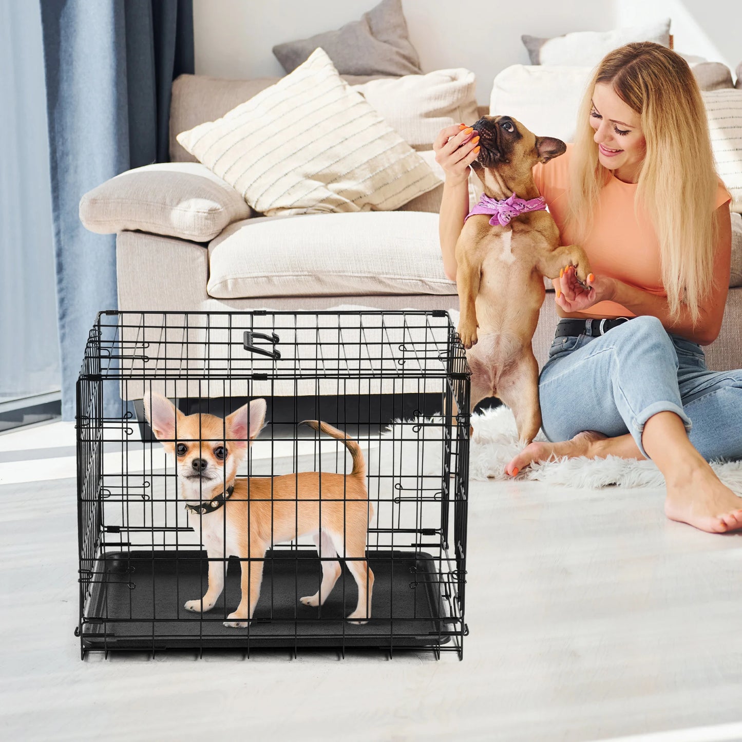JHK Single Door 30 Inch Folding Metal Wire Dog Cage with Plastic Leak-Proof Pan-Foldable- Sizes S-XL-Crates