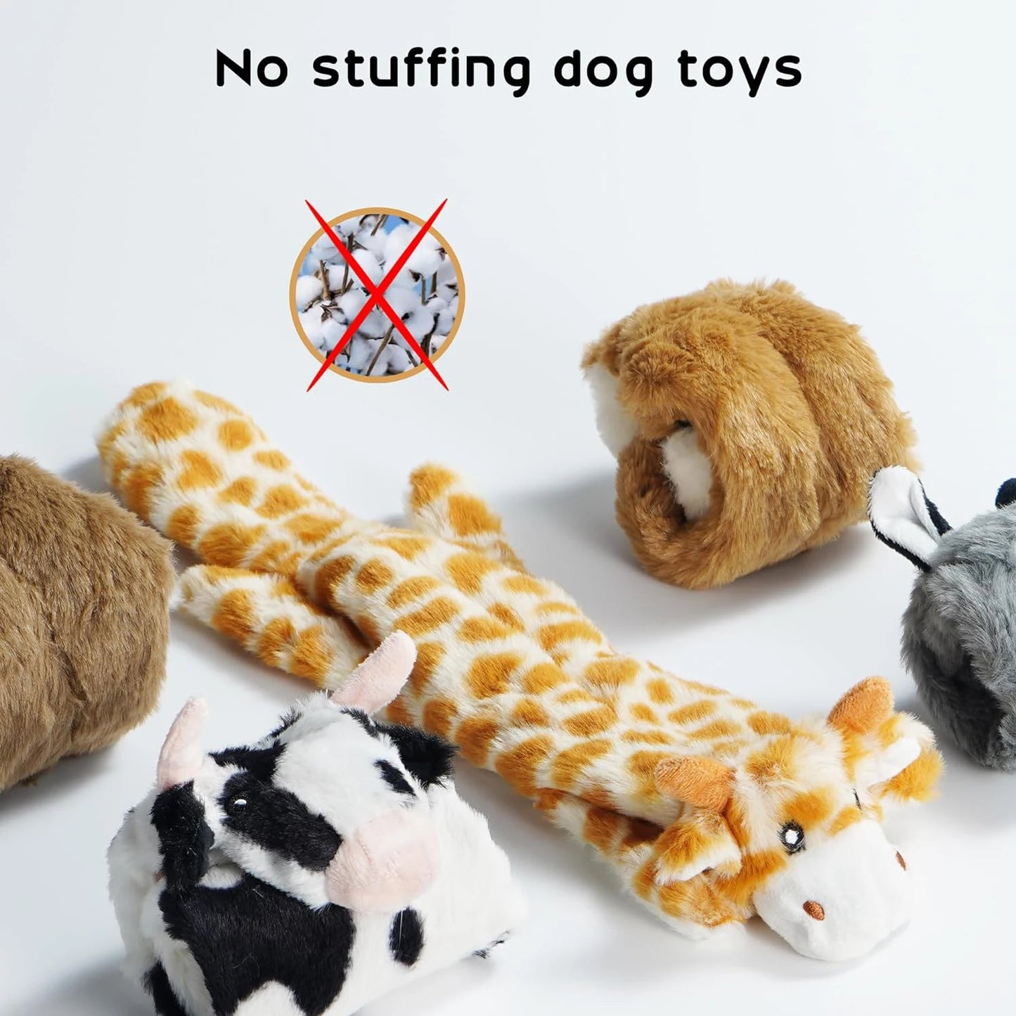 5PCS Crinkle Plush Dog Squeaky Toys- Fox Giraffe Squirrel Cow Donkey- No Stuffing- for Small Medium Large Dogs-Dog Toys