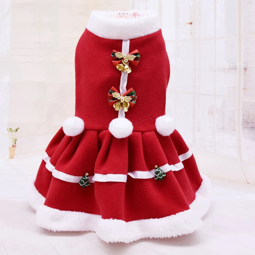 Christmas Girl Dog Costume Dress -Puppy Warm Fleece Skirt- Clothes Autumn Winter Pet Clothes -Dog Red Skirt Fancy Dress Costume