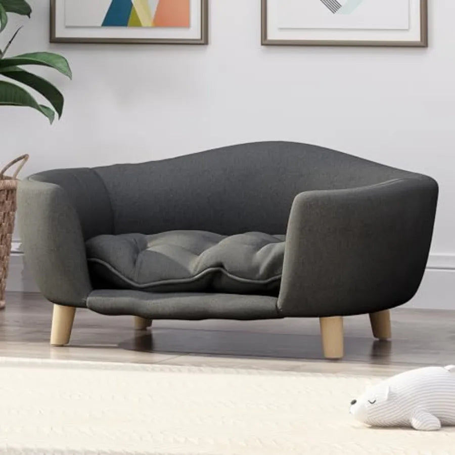 Corduroy Sofa Bed for Medium and Small Dogs- Velvet Dog Bed with Soft Cushion/Durable Wood Legs-Beds & Blankets