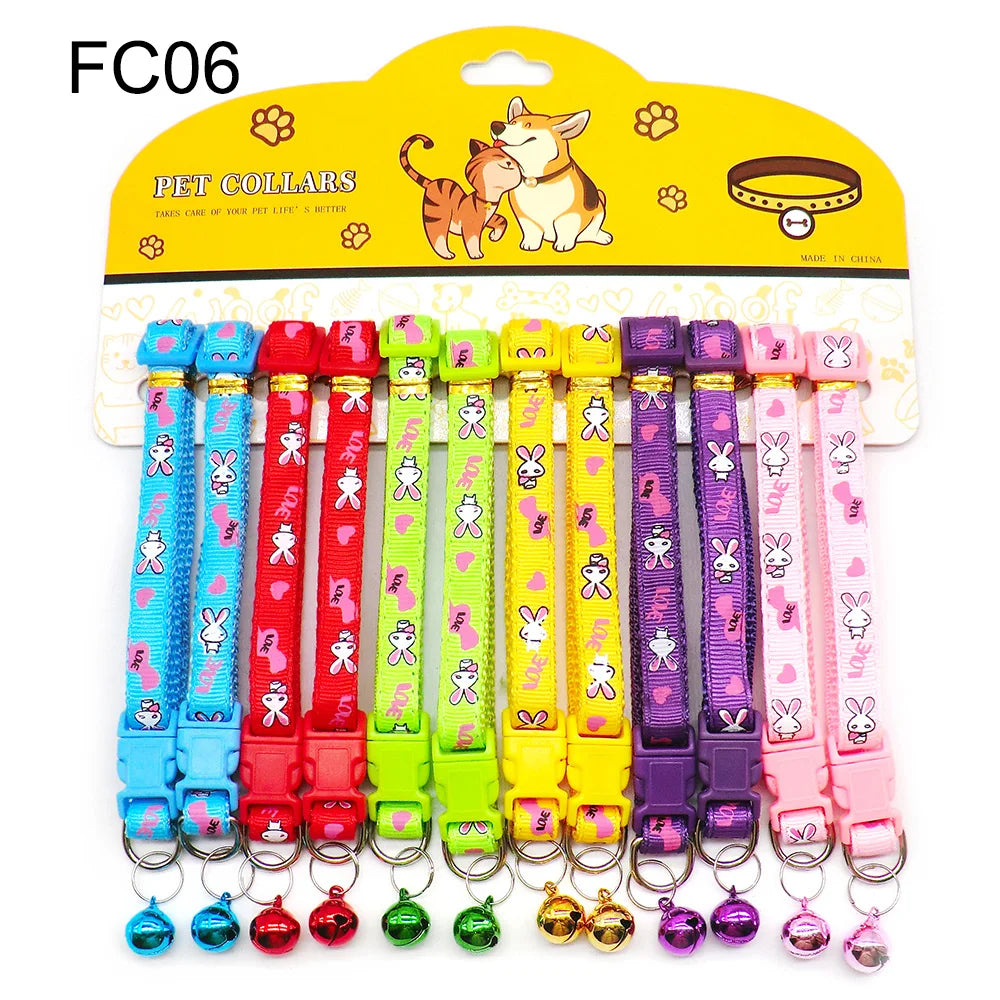 12Pcs Wholesale Mix Color Anti-Lost Dog Collars- Pet Cat Puppy Buckle Collar with Bell- 6 Colors Footprint