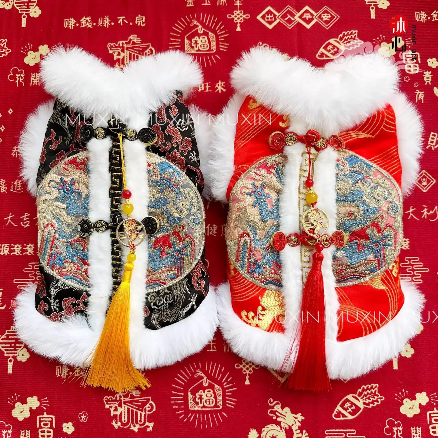 Pet Clothing Dog Cat Winter Puppy Clothes New Year Pet Cotton Coat Thickened Warm Embroidered Outfit For Dog Chinese Style