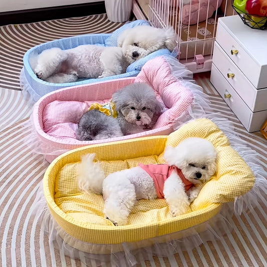 Cute Lace-Trimmed Pet Princess Bed- Soft Polyester Plush- Oval for Small Dogs- Easy Assembly- Indoor Use-Bed & Blankets