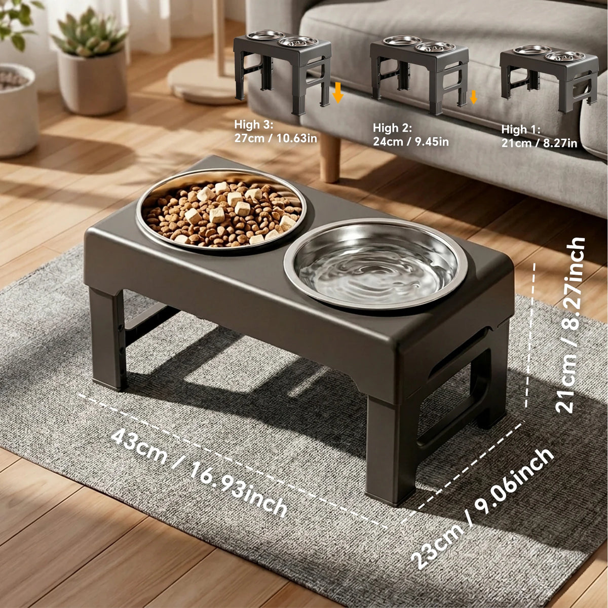 Raised Adjustable Height Dog Feeder- Elevated Double Stainless Steel-Food/Water Bowl- Non‑Slip Base- Anti‑Spill Design- Ergonomic Design- Slow‑Feed For Small Medium Large Dogs-Pet Bowls/Feeding