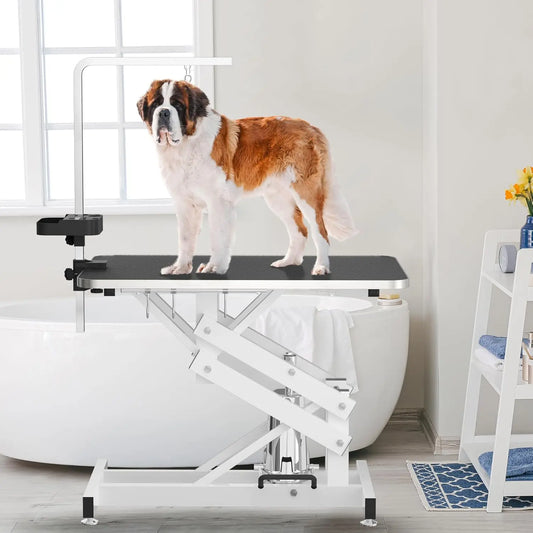 Hydraulic Pet Grooming Table w/Anti-Static Table Top, Heavy Duty Z-Lift Dog Grooming Table/21-36 w/Armrests/Leash Covers/, 330LBS