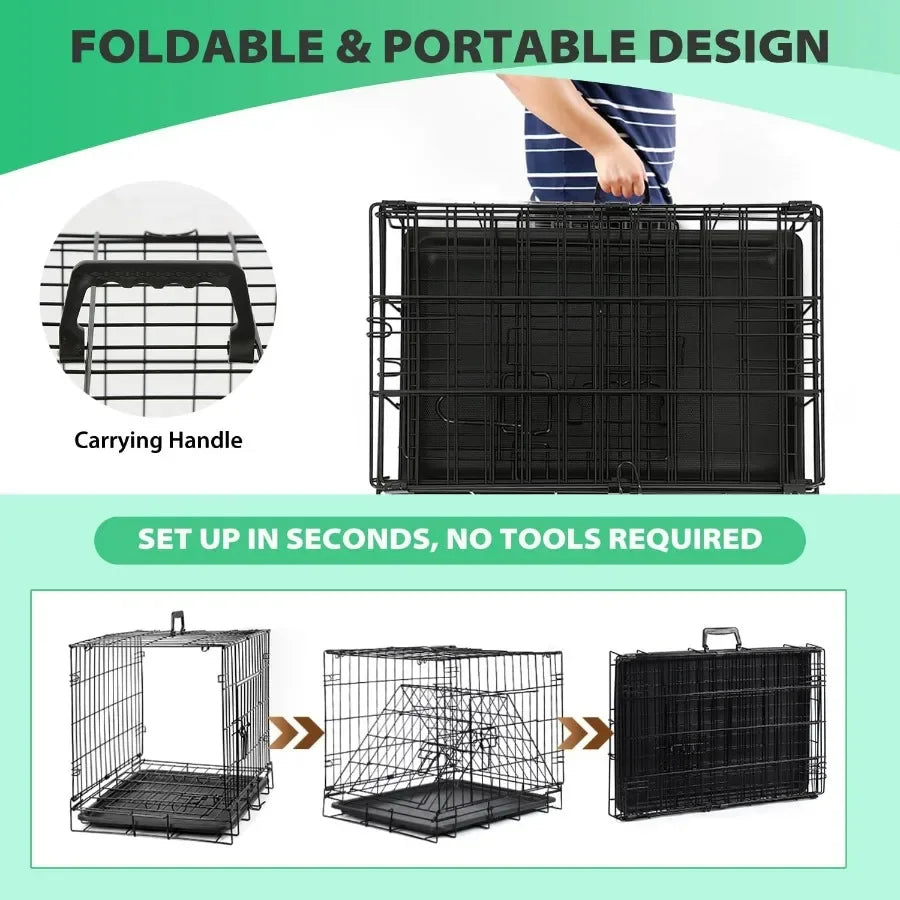Foldable Metal Dog Crate with Single Door and Secure Slide-Bolt Latches Leak-proof Tray- for Small Breeds -Portable Kennel