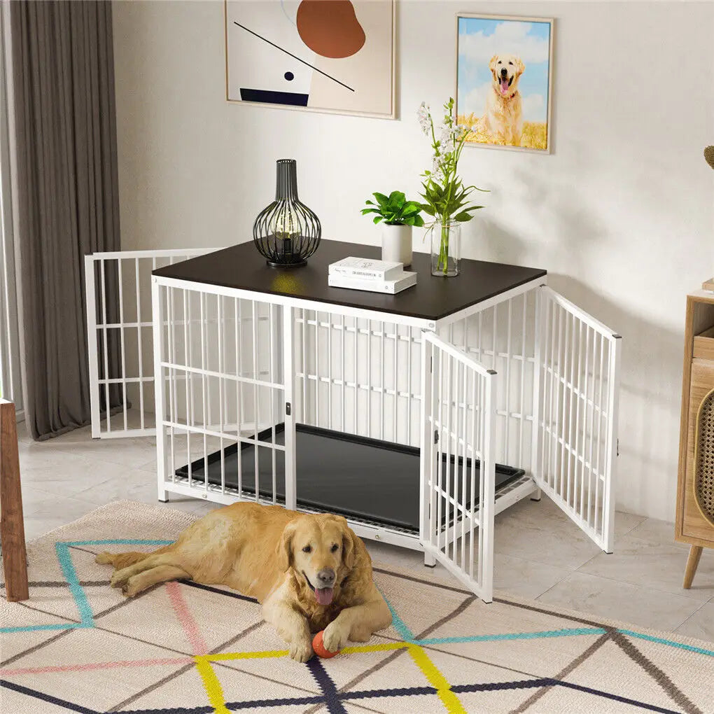 Wooden Dog Crate Furniture w/Metal Frame- Indoor Dog Kennel End Table- Stylish-3 Doors- Removable Tray-Crates