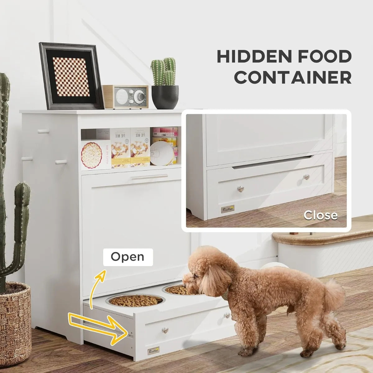 Dog Feeding Station with Raised Bowls/ Storage Cabinet- Pet Feeder Organizer with Hanger for Food & Water-Pet Bowl/Feeding