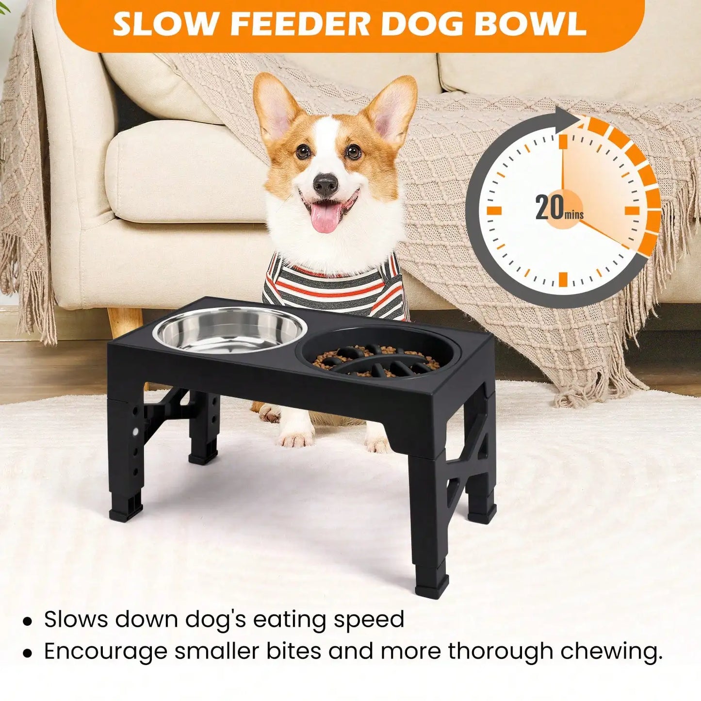 5-Height Adjustable Raised Dog Bowl Set - Includes 2 Stainless Steel Bowls- + 1 Slow Feeder- Anti-Choke Design-Suitable For All Dog Breeds- Pet Bowls/Feeding