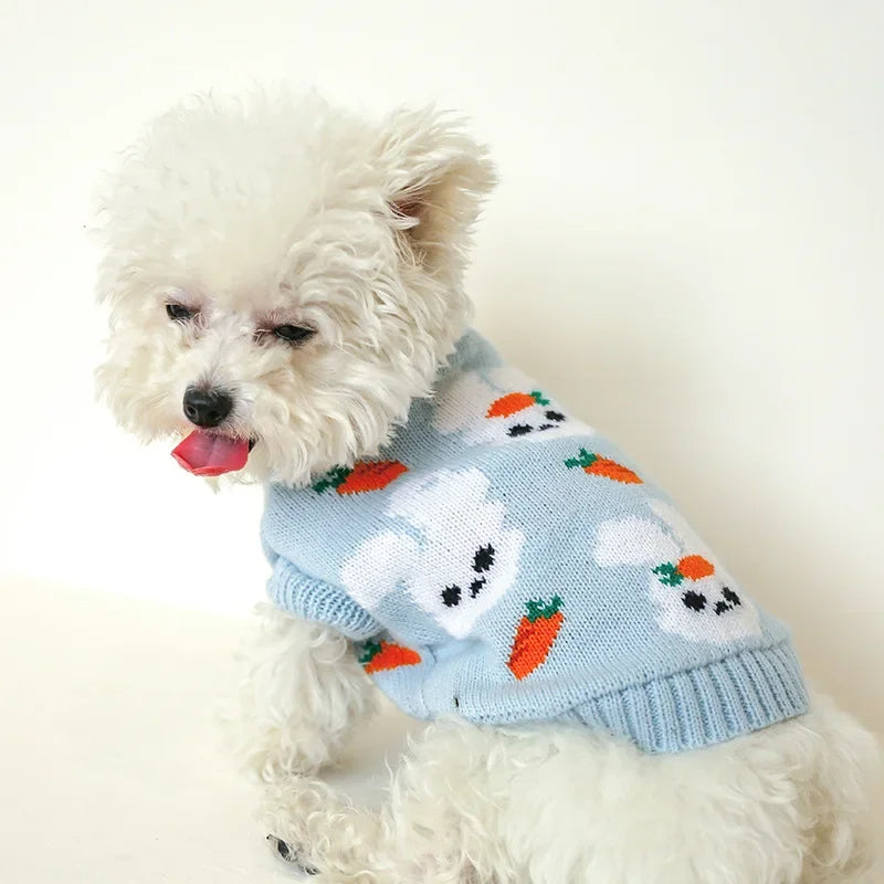 Cute Rabbit Sweater -Autumn Winter Dog Clothing- Warm Blue Sweater -Teddy Bichon Sweater For Small Dogs Pullover Cardigan
