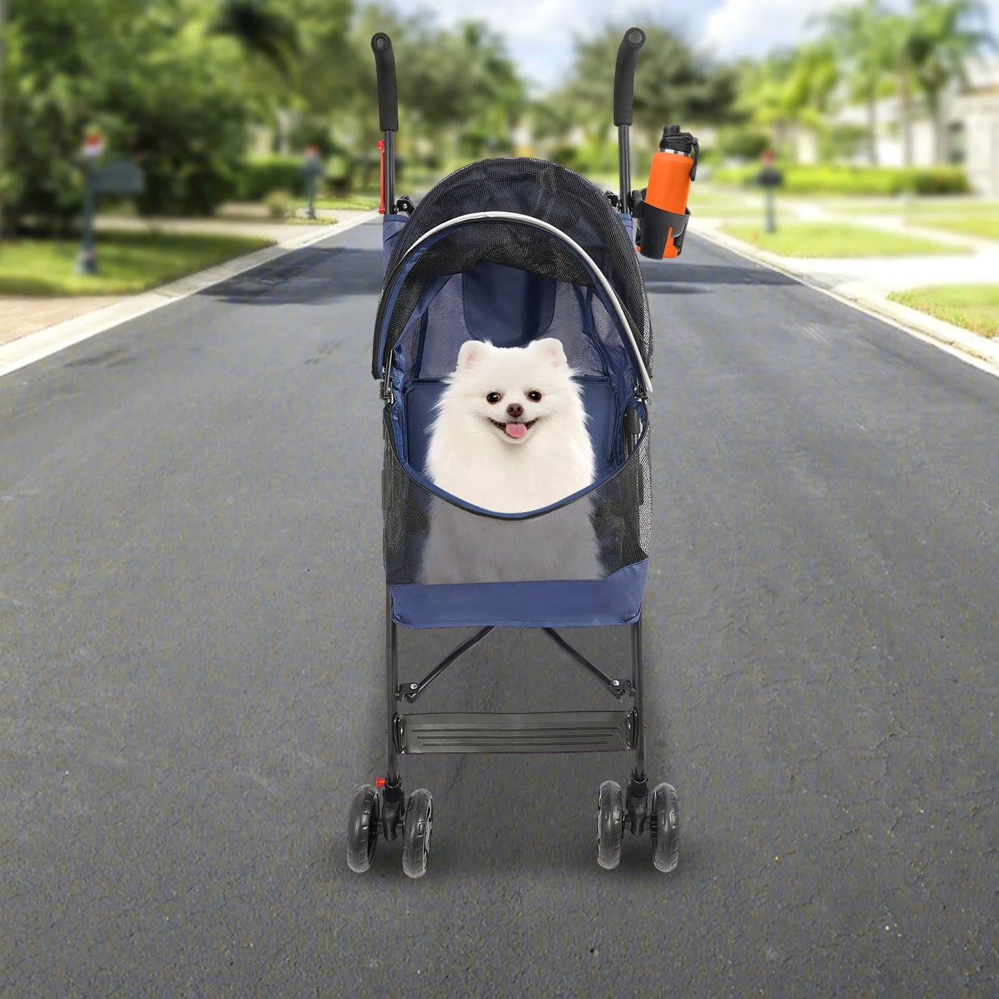 Lightweight Foldable Pet Stroller for Small Medium Dogs- Portable Travel Carrier with Cup Holder- Handle & Rear Storage Pocket