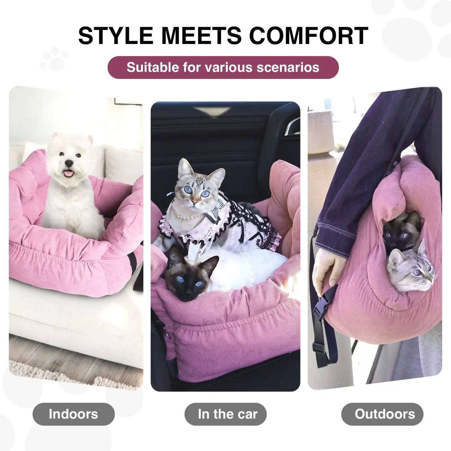 2-in-1 Dog Car Seat/ Carrier Bag - Detachable with Handles and Safety Belt- Travel Dog Booster Seat for Small Medium Dogs Cats