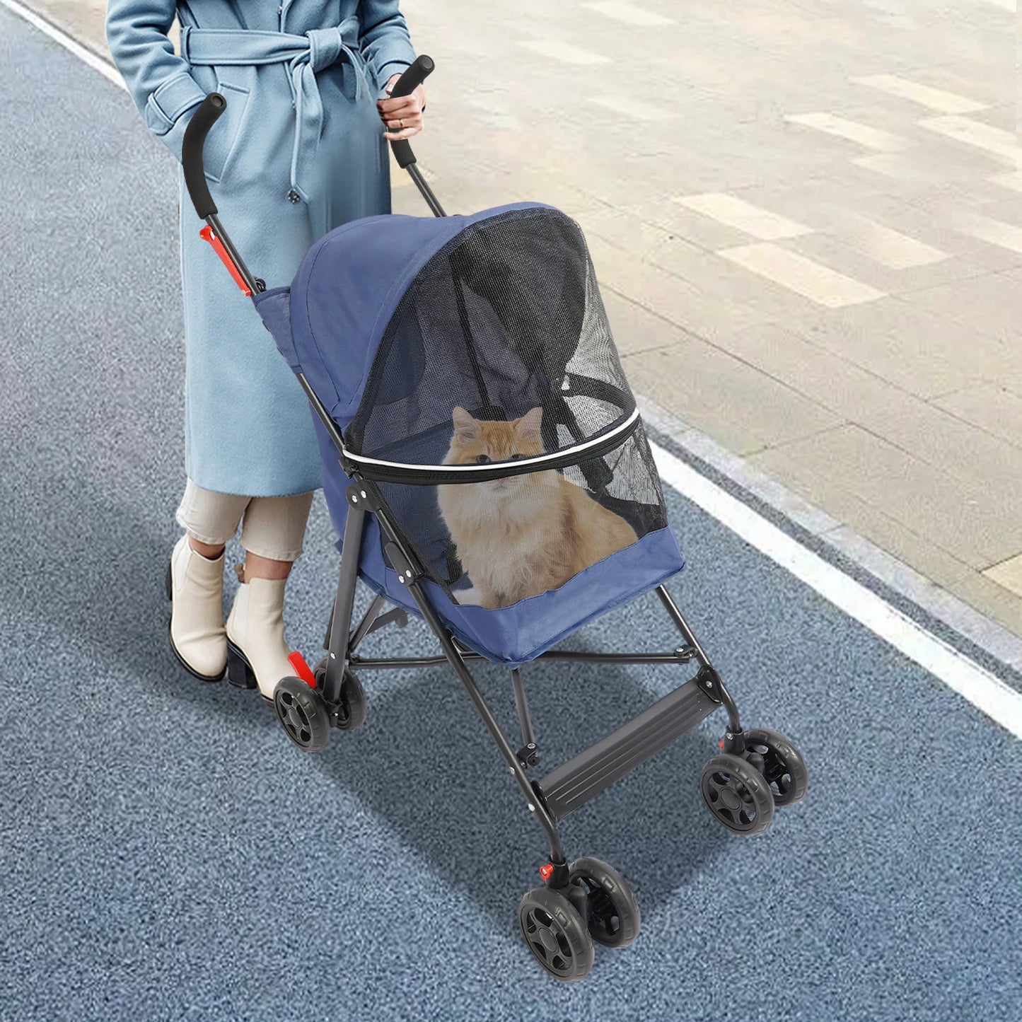 Lightweight Foldable Pet Stroller for Small Medium Dogs- Portable Travel Carrier with Cup Holder- Handle & Rear Storage Pocket