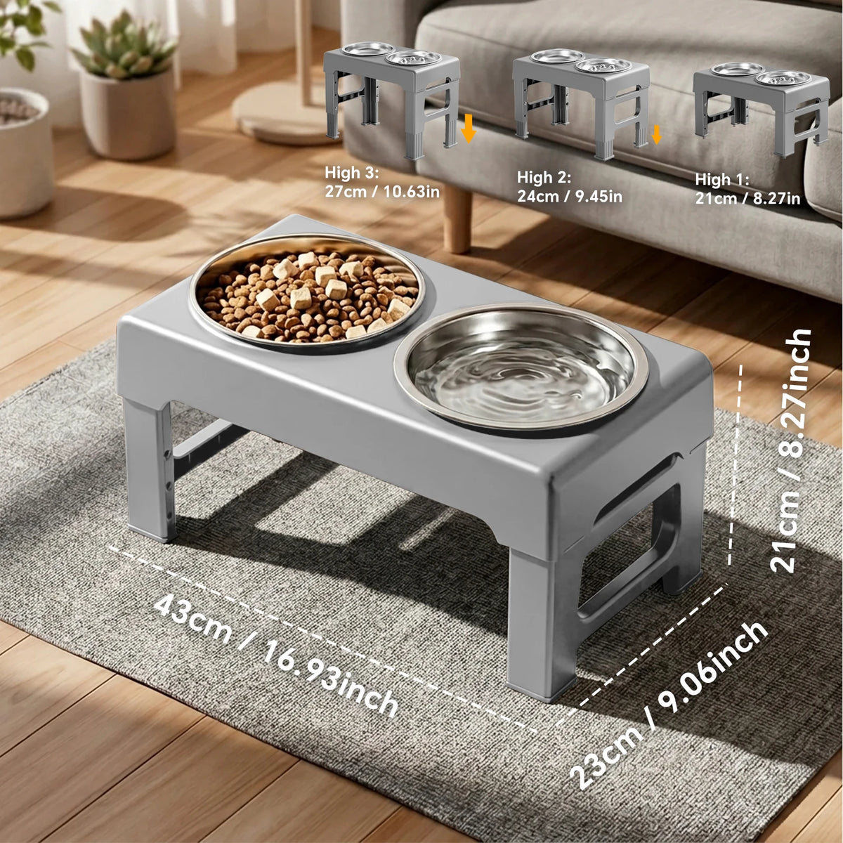 Raised Adjustable Height Dog Feeder- Elevated Double Stainless Steel-Food/Water Bowl- Non‑Slip Base- Anti‑Spill Design- Ergonomic Design- Slow‑Feed For Small Medium Large Dogs-Pet Bowls/Feeding