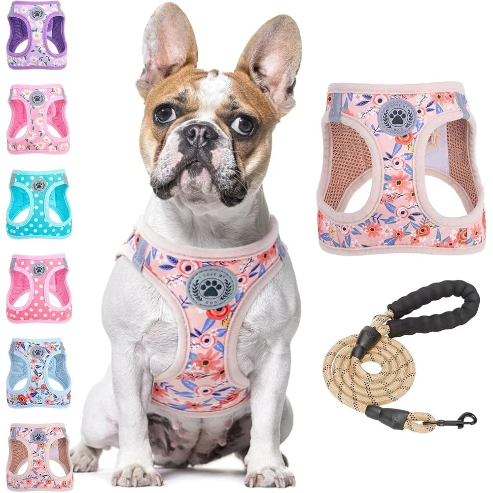 Floral Dog Harness and Leash Set- No Pull No Choke Escape Proof -Step In Vest Padded Handle Lightweight Durable Breathable Small