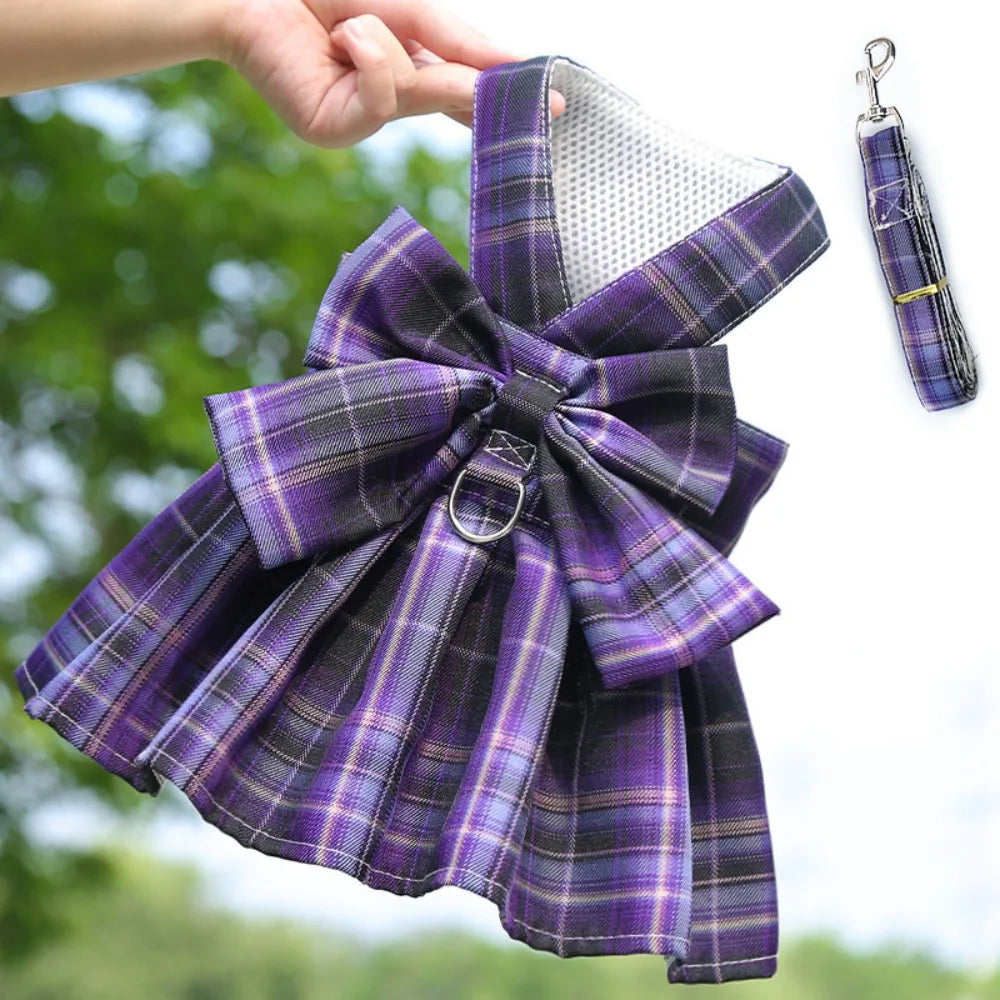 Dog Plaid JK Dress-Reusable with Leash Traction-Thin Dacron- Harness Skirt- Adjustable -Washable-Costumes/Apparel