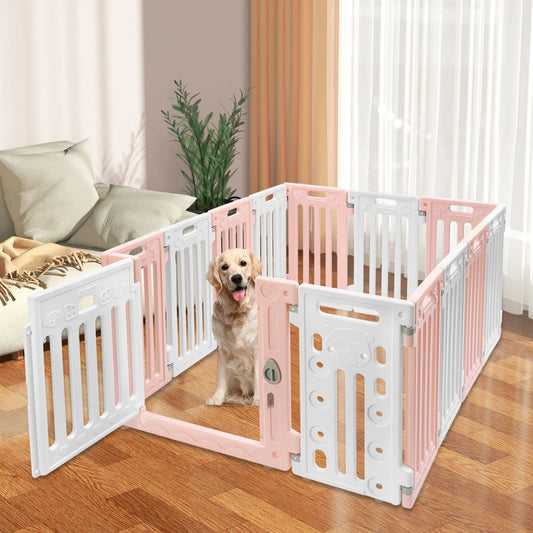 Hexagon Dog Playpen with Safety Door- Non-Slip Base- 25.6" HDPE Pet Fence for Dogs- 13 Panels Blue/Pink/Green-Pet Accessories