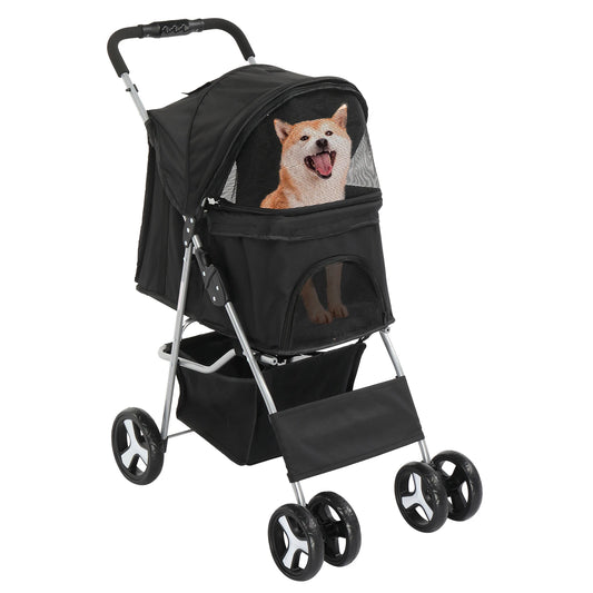 4 Wheels Pet Stroller-Dog Stroller for Small/Medium Pets- Foldable with Cup Holder- Removable Liner- Storage Basket- Black.