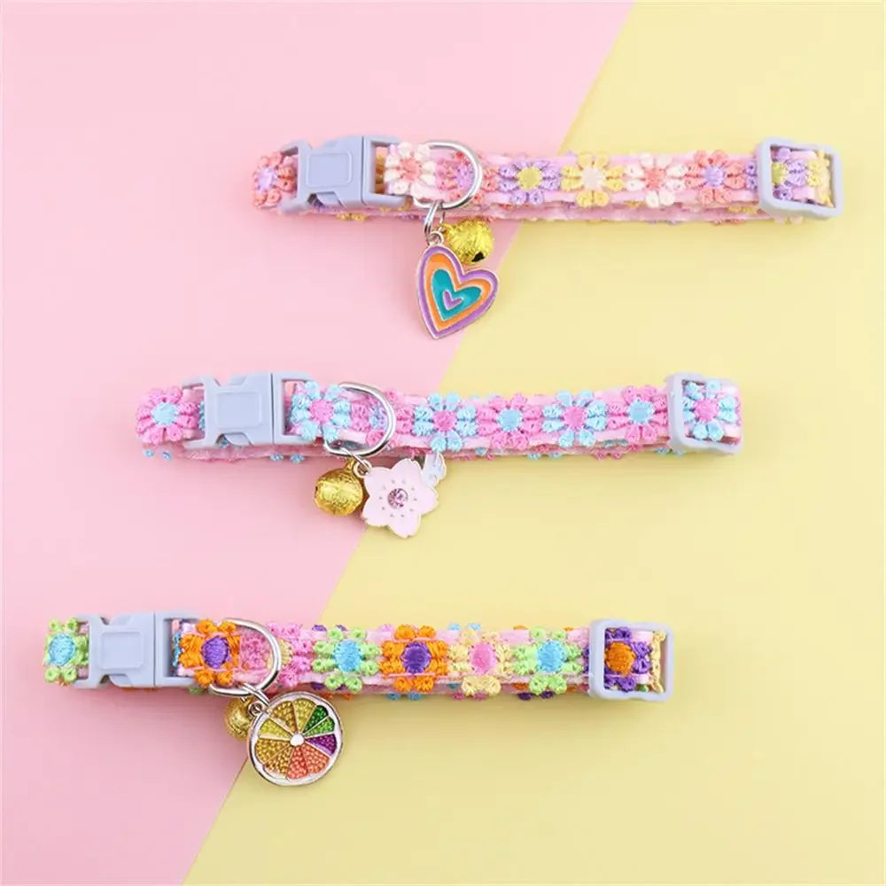 Fashion Rainbow Flower Collar With Bell- Kitten/ Puppy Necklace- Adjustable Buckle- Colorful Lace-Small dogs-Collars/Leashes
