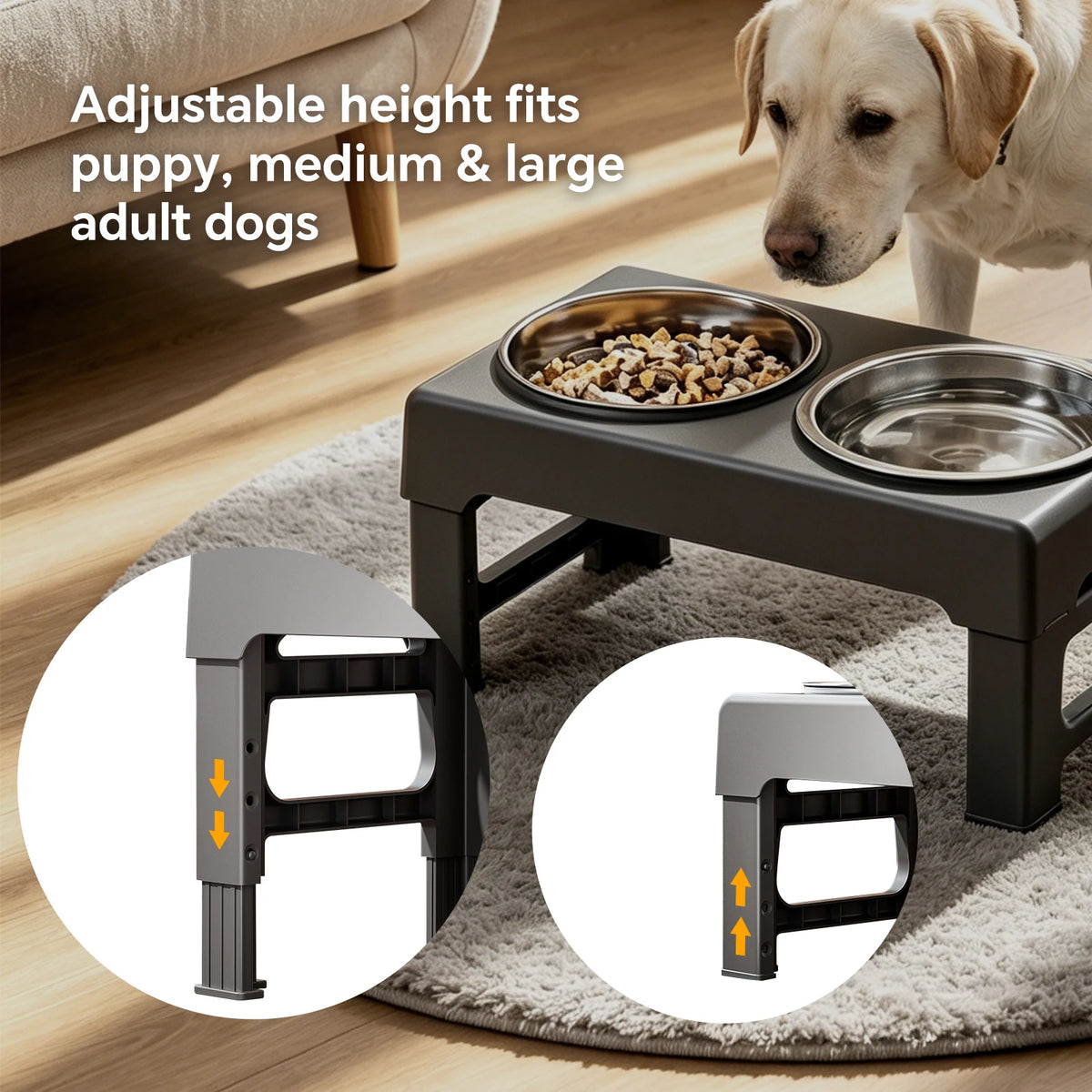 Raised Adjustable Height Dog Feeder- Elevated Double Stainless Steel-Food/Water Bowl- Non‑Slip Base- Anti‑Spill Design- Ergonomic Design- Slow‑Feed For Small Medium Large Dogs-Pet Bowls/Feeding