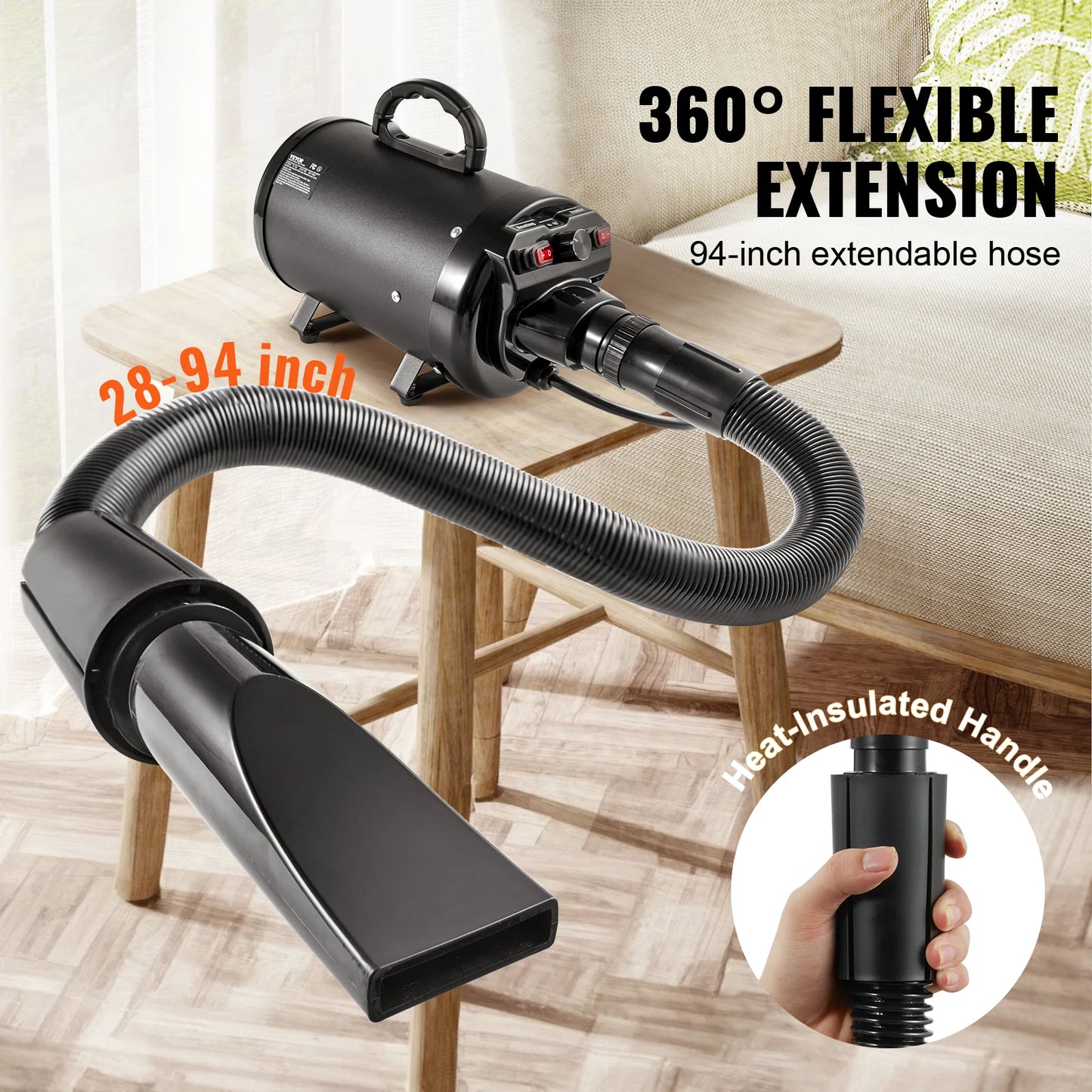 Dog Blow dryer- 2000W/2.7HP- Adjustable Speed Temperature Control with 4 Nozzle- Extendable Hose- Pet Grooming