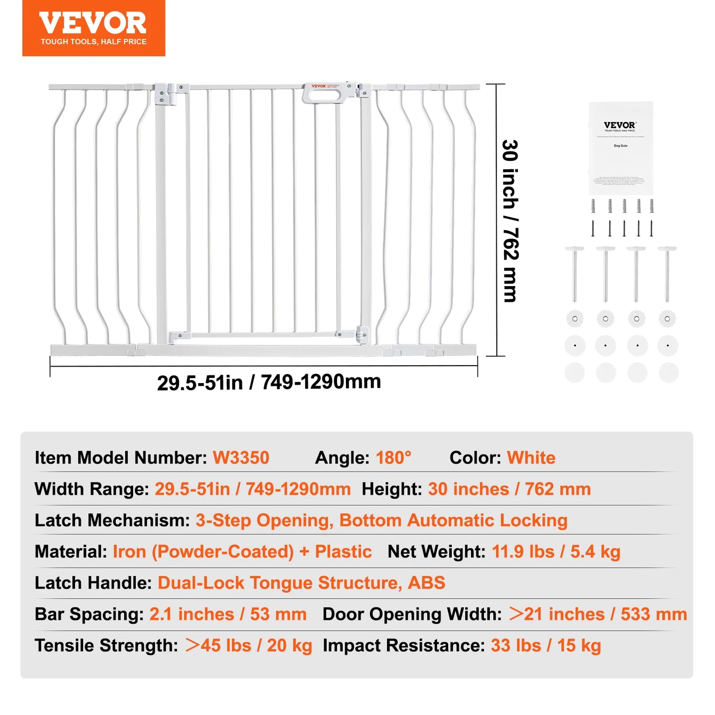 VEVOR Gate 28/30/36 Inches High -Dog Gate Easy Step- Walk Thru Child Pet Security- Pressure Mount Kit- Wall Cups Doorways-Pet Stairs