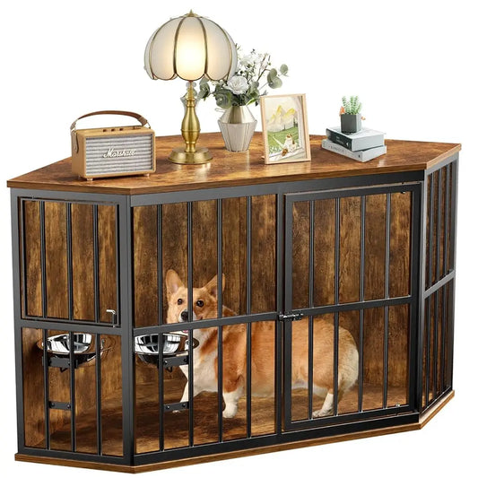 Medium Dog Crate Furniture- 42” Heavy Duty Corner Dog Crate- 2 Stainless Steel Bowls- Dog Kennel Furniture Style House- Wooden