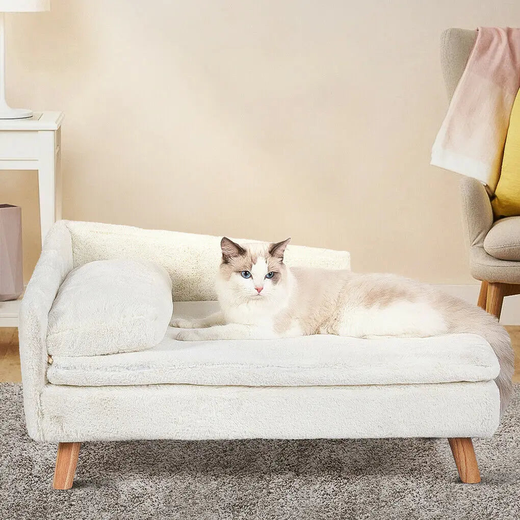 Elevated Pet Bed Solid Wood Leg Dog Cat Sofa for Indoor  L Shape Plush Couch Lounge with Soft Pillow-Sizes S/M-Beds & Blankets