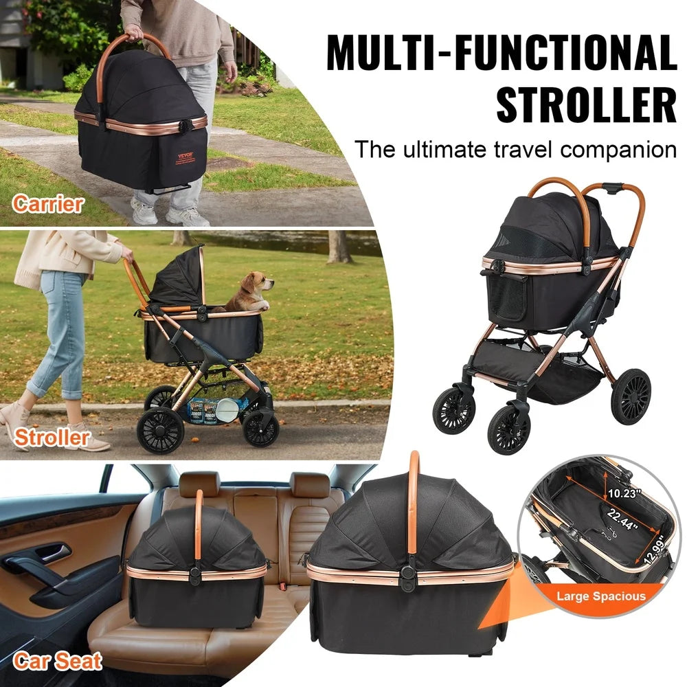 3-in-1 Pet Stroller- Foldable Dog Cart with Storage Basket- Aluminum Frame- Large Wheels- Adjustable Handle- Safety Leash- Breathable