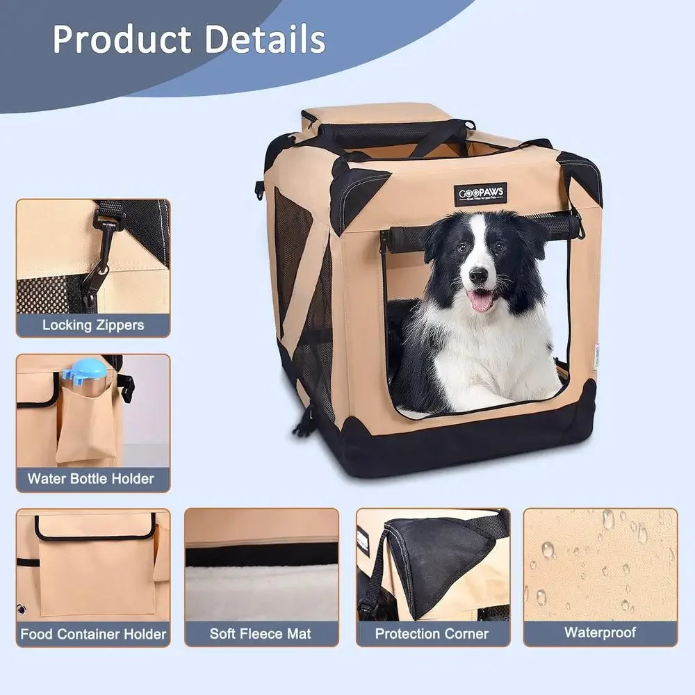 Soft Foldable Portable Dog Crate 36" Beige- Security- Breathable 3 Door Travel Carrier- Indoor & Outdoor Mesh Bed Pad