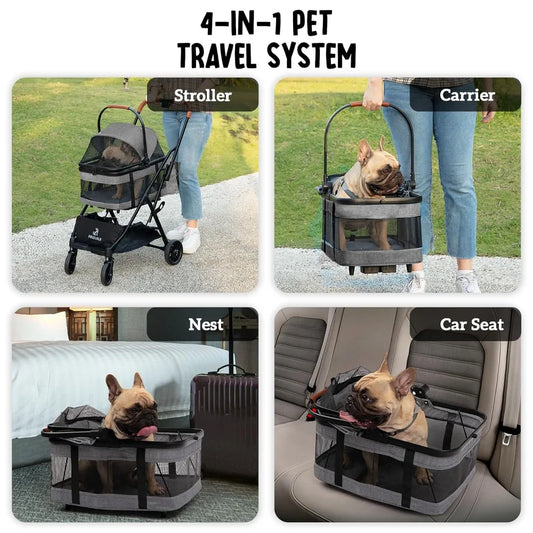 Pet Stroller/Car Seat with Detachable Carrier - Compact Design for Small Dogs (under 30 lbs) - All-Terrain Wheels - Easy Fold