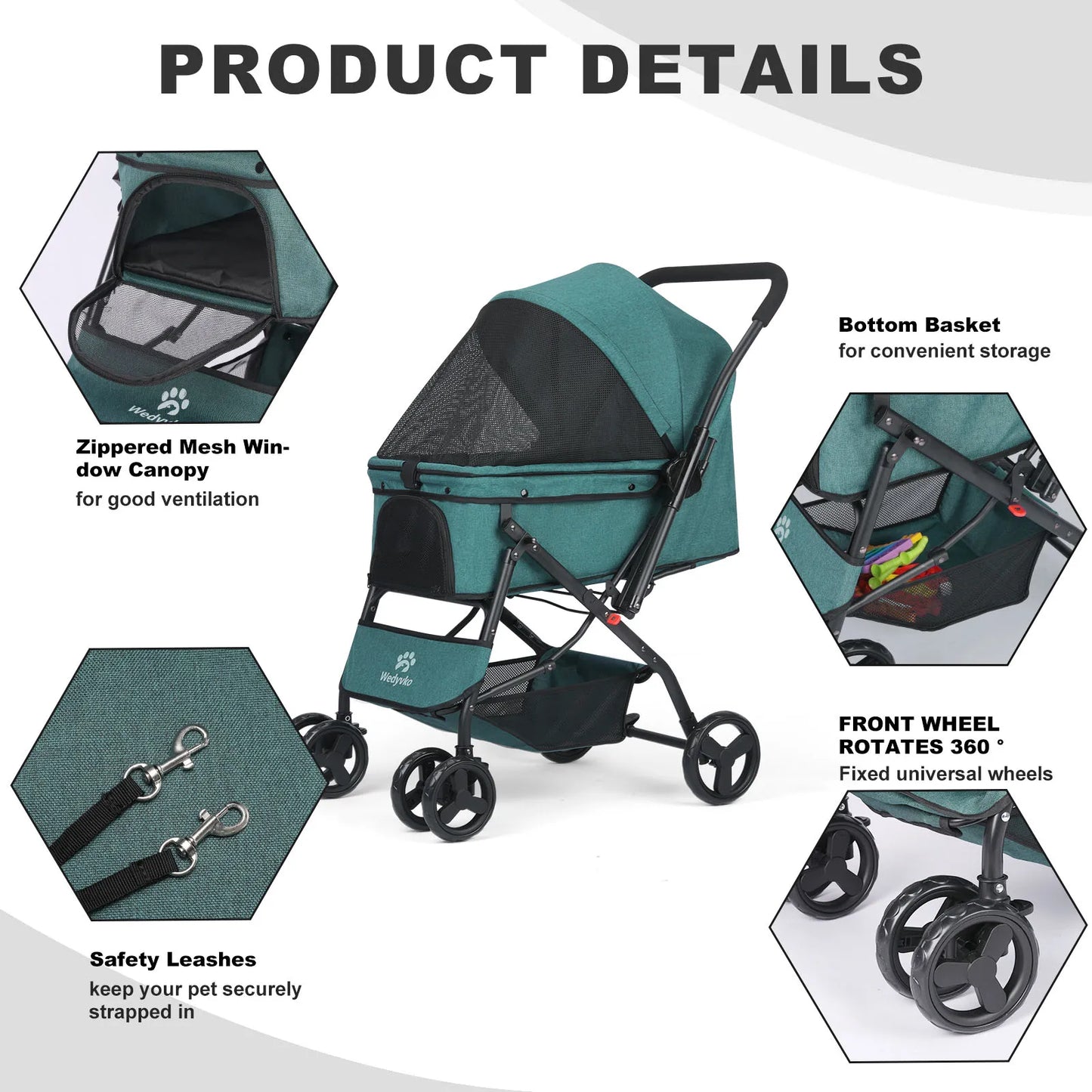 Dog Stroller- Pet Stroller for Medium Size Dogs with Poop Bags- Reversible Handlebar- Tethers- Storage Basket and Pouch-Pet Strollers