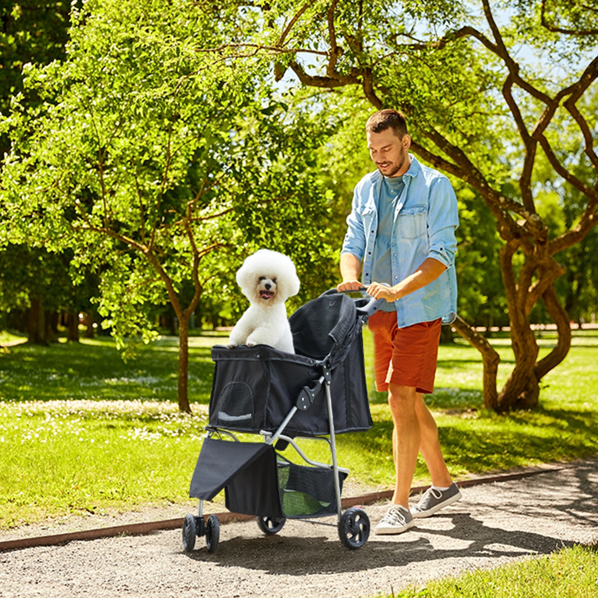 JHK 3 Wheels Foldable Pet Stroller-Mesh Windows- Storage Basket- Cup Holder-Pet Strollers