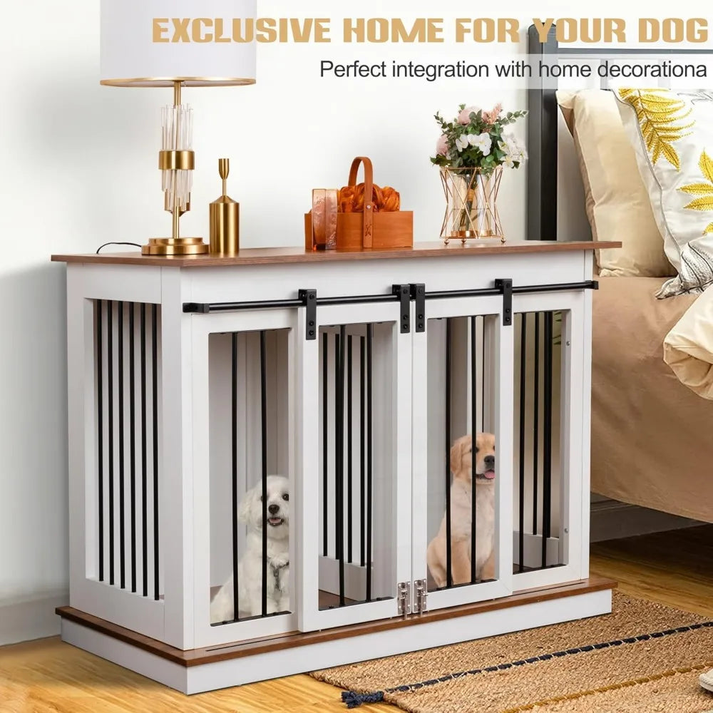Dog Crate Furniture with Divider-Wooden Dog Kennel- Barn Doors- End Table- Indoor