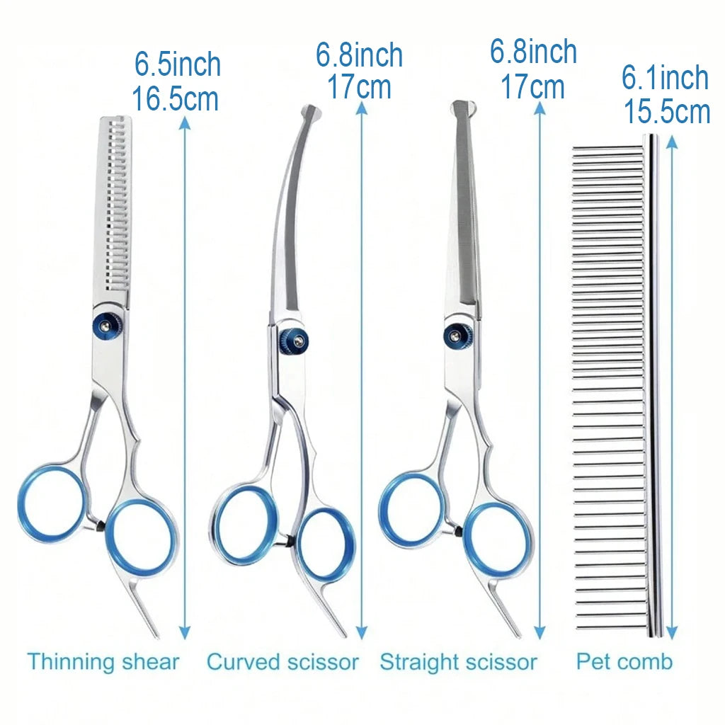 Professional Pet Grooming Scissors Kit- Stainless Steel -Dog/ Cat Hair Cutting Thinning -Curved Straight Trimmer Shears with Comb/Case-Pet Grooming