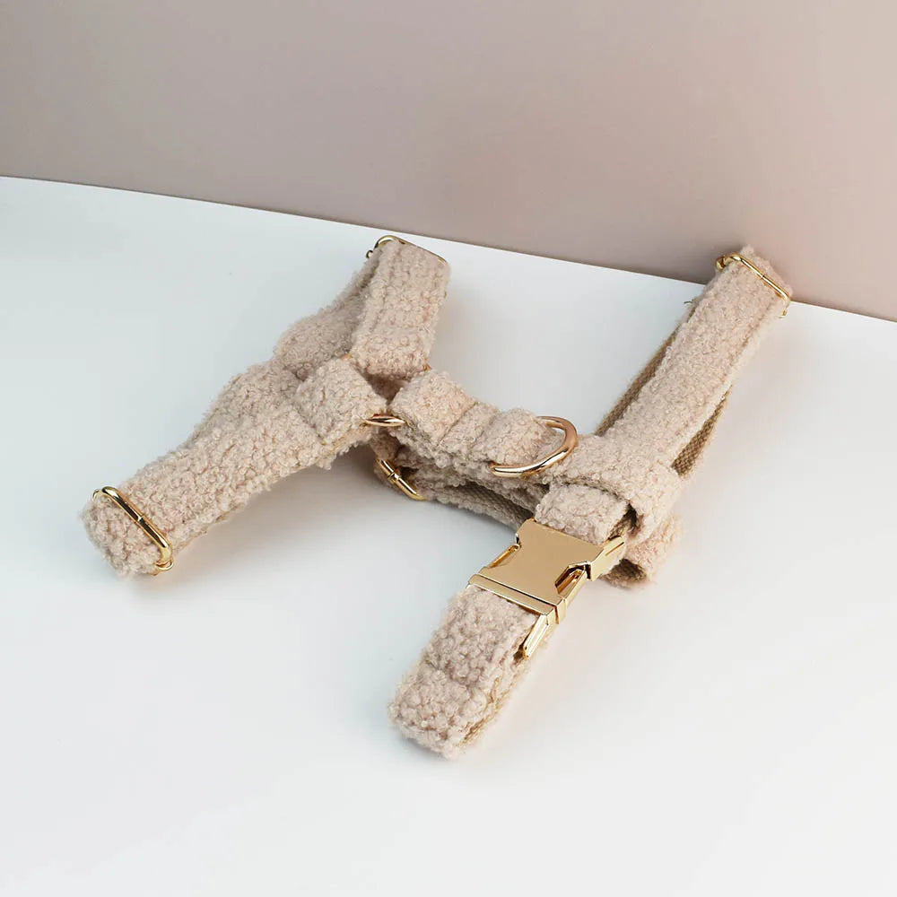 4 pcs Teddy Velvet Dog Collar/Leash Set- Custom Engraved Nameplate-Collars/Leashes