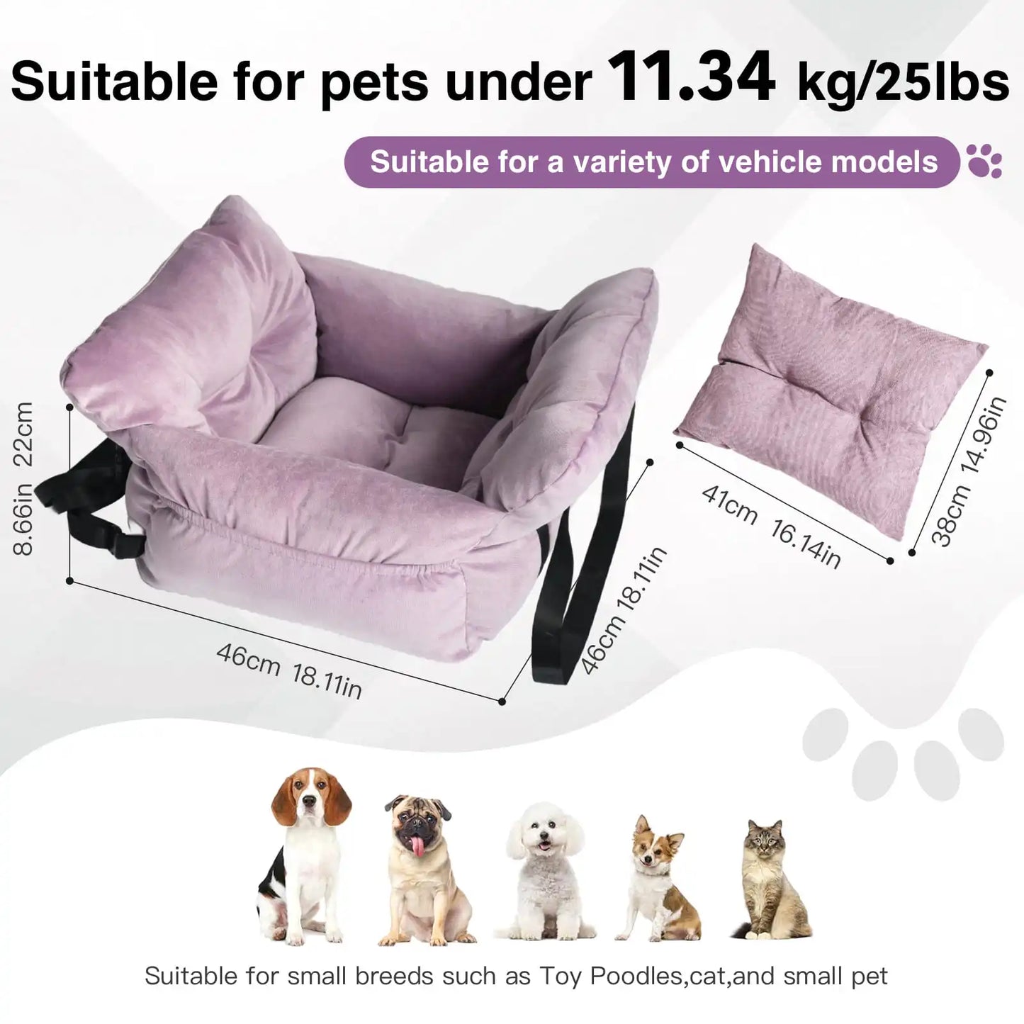 2-in-1 Dog Car Seat/ Carrier Bag - Detachable with Handles and Safety Belt- Travel Dog Booster Seat for Small Medium Dogs Cats