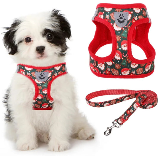 Christmas Dog Harness for Small Medium Dogs- Step-in No Pull Soft Padded Mesh- Adjustable-Reflective Pet Vest Harness Set
