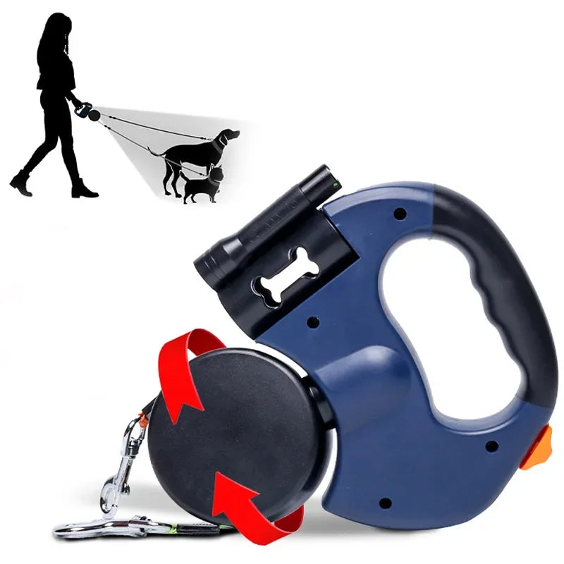 3 in1 Double Head Automatic retractable Dog leash with Flashlight /Poop Bag Dispenser- Reflective -Extendable Traction Rope