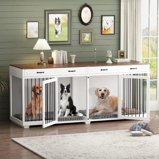 Extra Large Furniture Style Dog Crate- 93" Heavy Duty Wooden Dog Kennel with Drawers & Removable Divider-Indoor Luxury